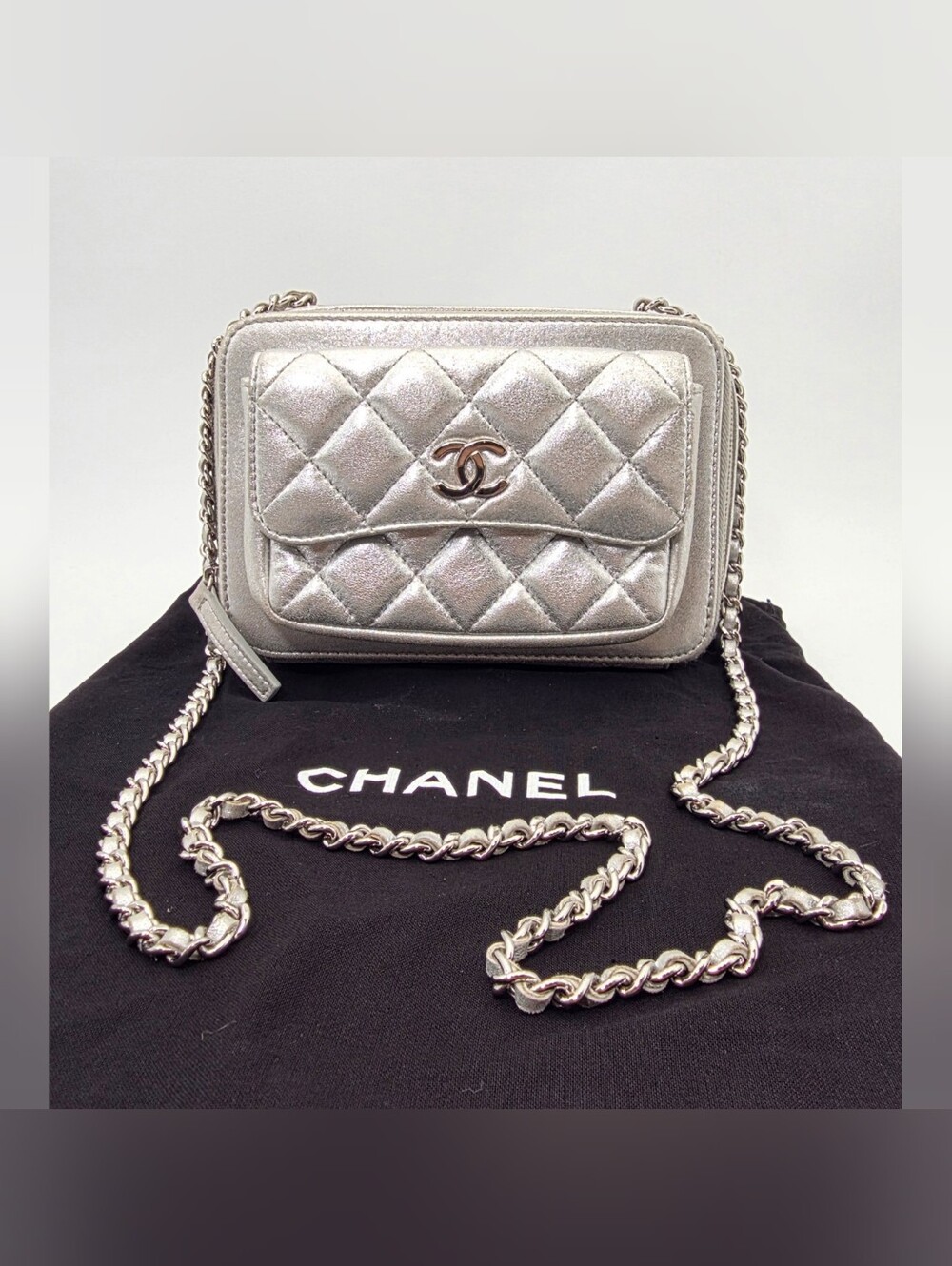 CHANEL Lambskin Quilted Small Pocket Box Camera Case Metallic Silver SS15